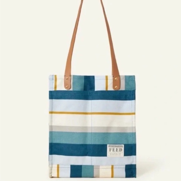 FEED Projects Brand Canvas Market Tote Bag Coastal Stripe-NWOT - Picture 2 of 8